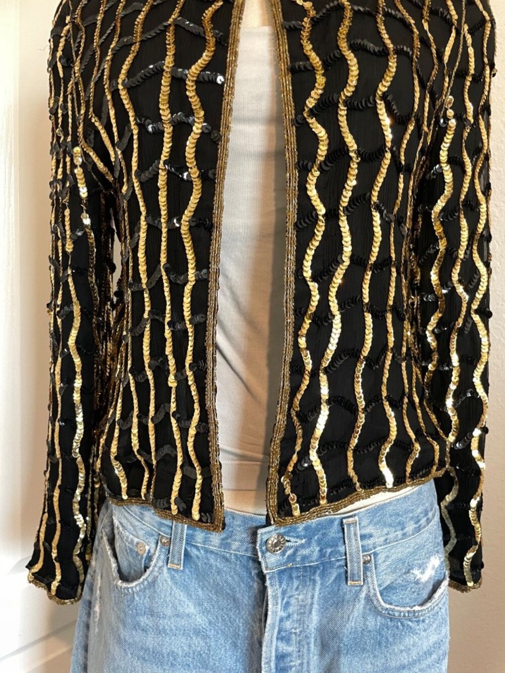 Vintage 1990s Nite Line Maximalist Black + Gold Silk Sequin Top Women’s Medium - Picture 6 of 16